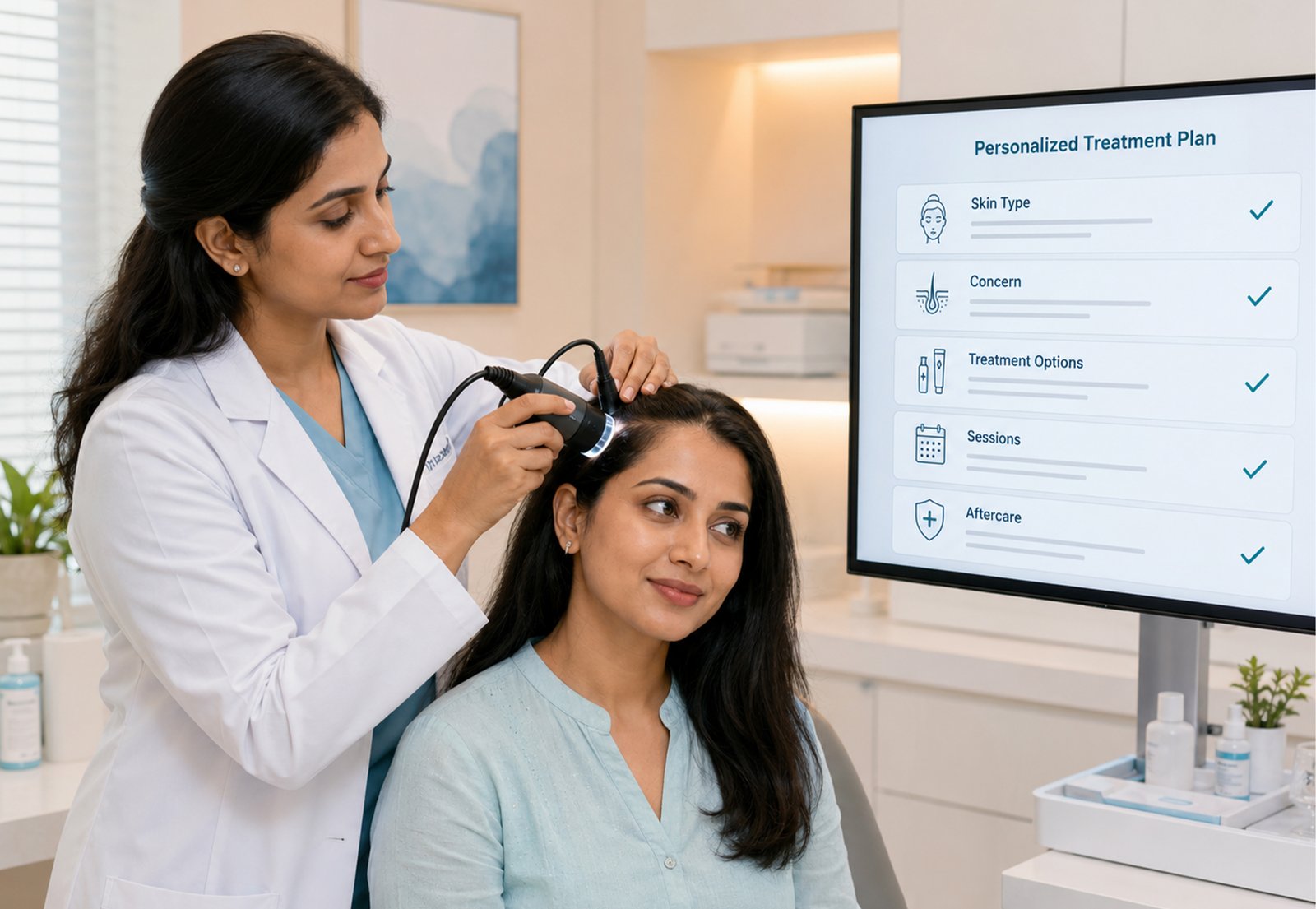 Dermatologist examining dry skin during consultation in Rohini
